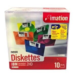 10 Pack Imation Neon Diskettes IBM Formatted 2HD 1.44MB New Sealed